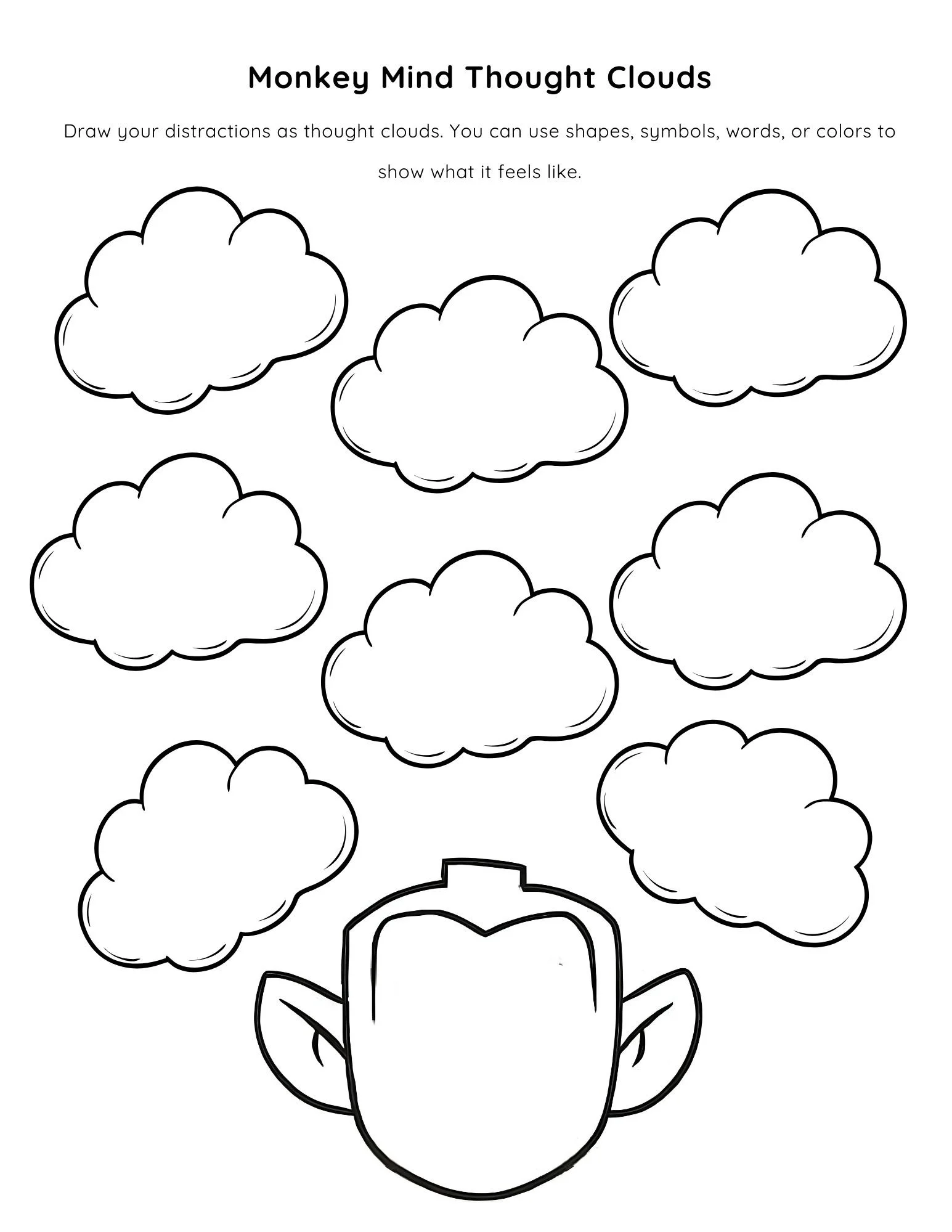 This is a coloring page. Color in pictures of your thoughts and emotions to help build emotional resilience.