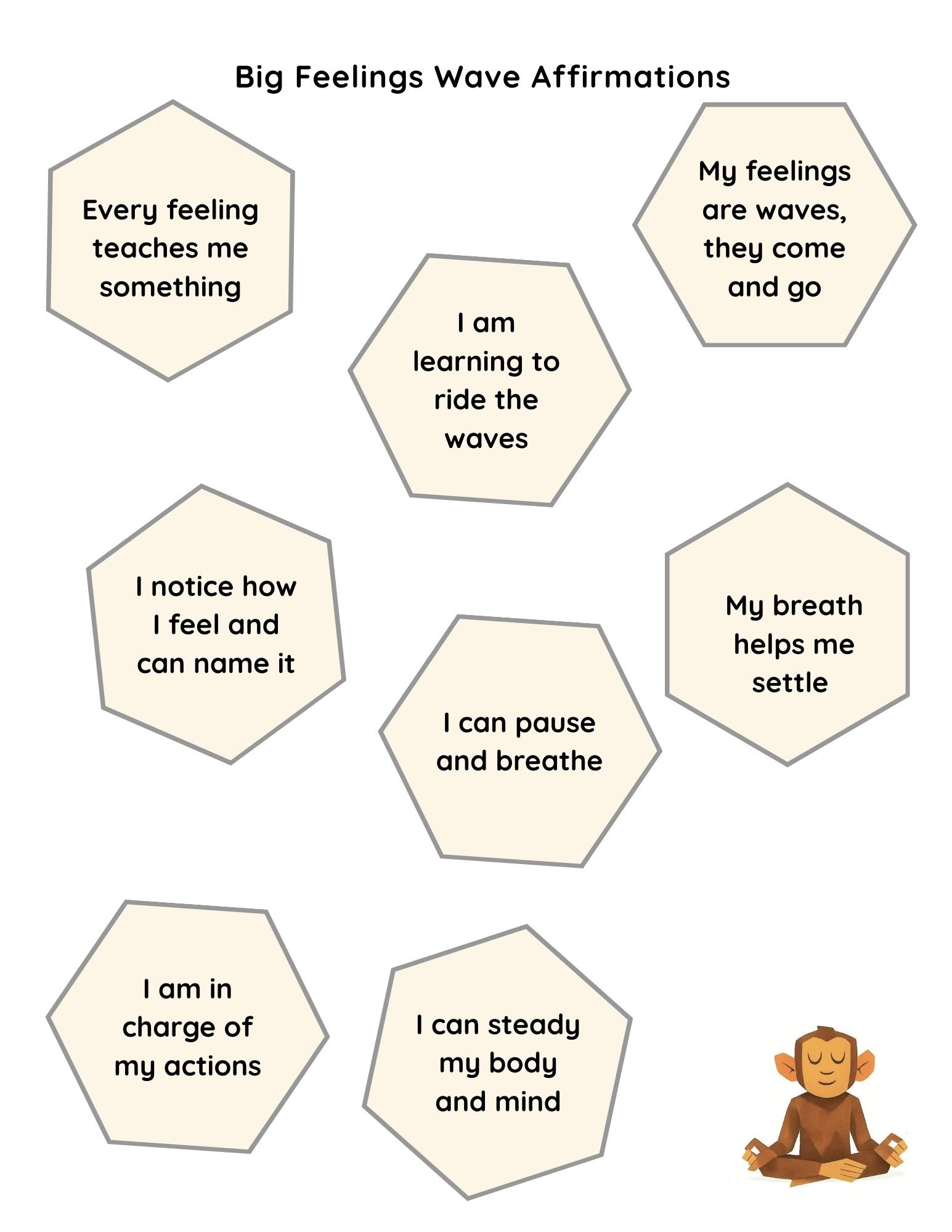 8 hexagons showing affirmations that help with big feelings