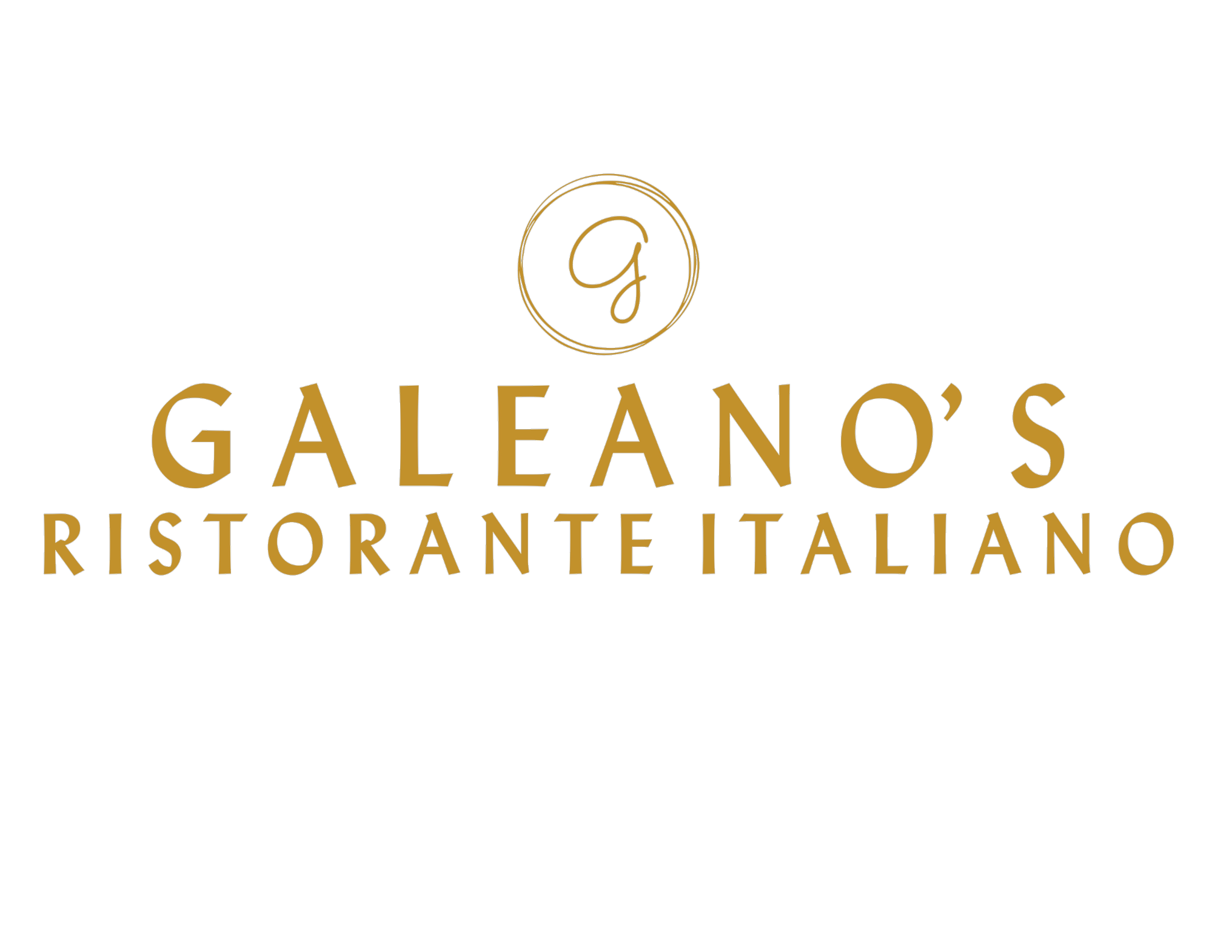 Logo for Galeano's Ristorante Italiano with a black background, gold circular emblem with a stylized 'g' at the top, and the restaurant name in gold lettering.