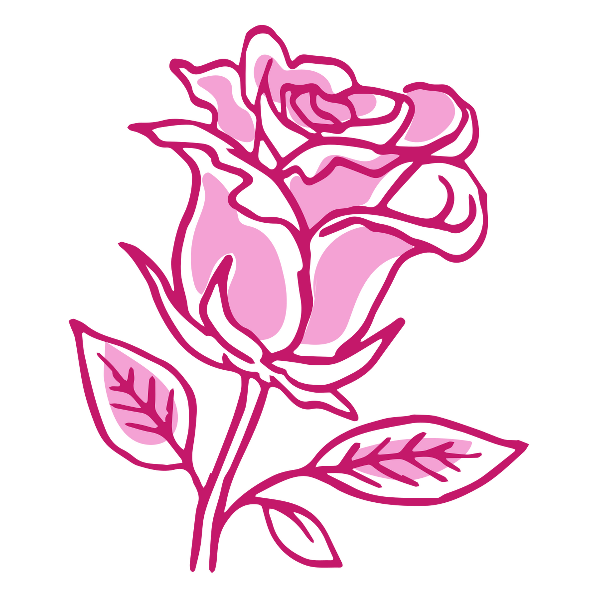 Digital illustration of a pink outline of a rose with leaves on a black background.