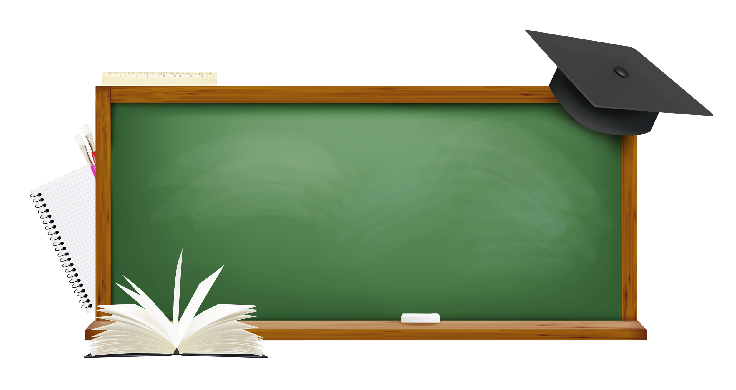 Blackboard with a graduation cap on the top right corner, an open book at the bottom, a spiral notebook and pens on the left side, and a ruler on the top left corner.