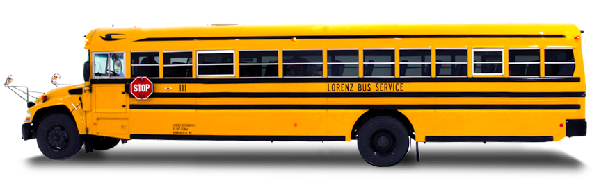 Yellow school bus with stop sign and black stripe, labeled Lorenz Bus Service.