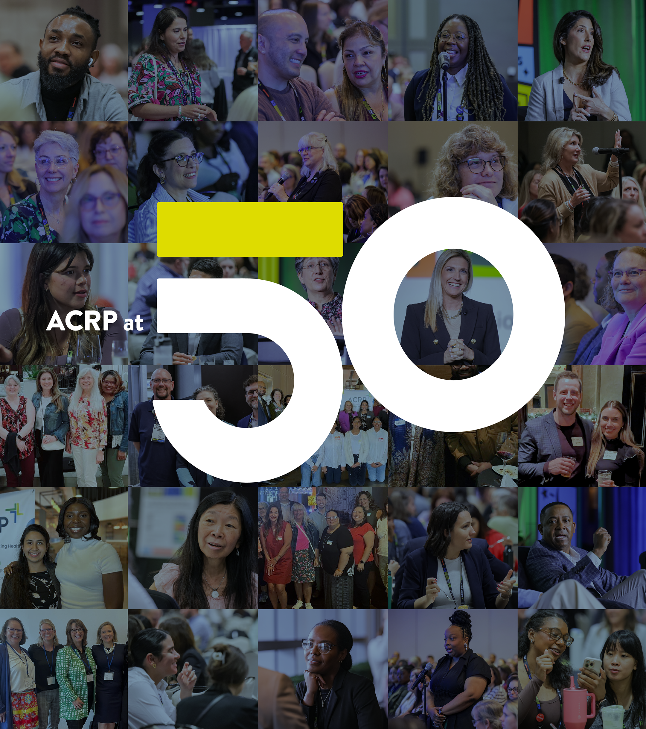 Collage of diverse people attending and speaking at a conference, with large '50' in the center and 'ACRP at' text.
