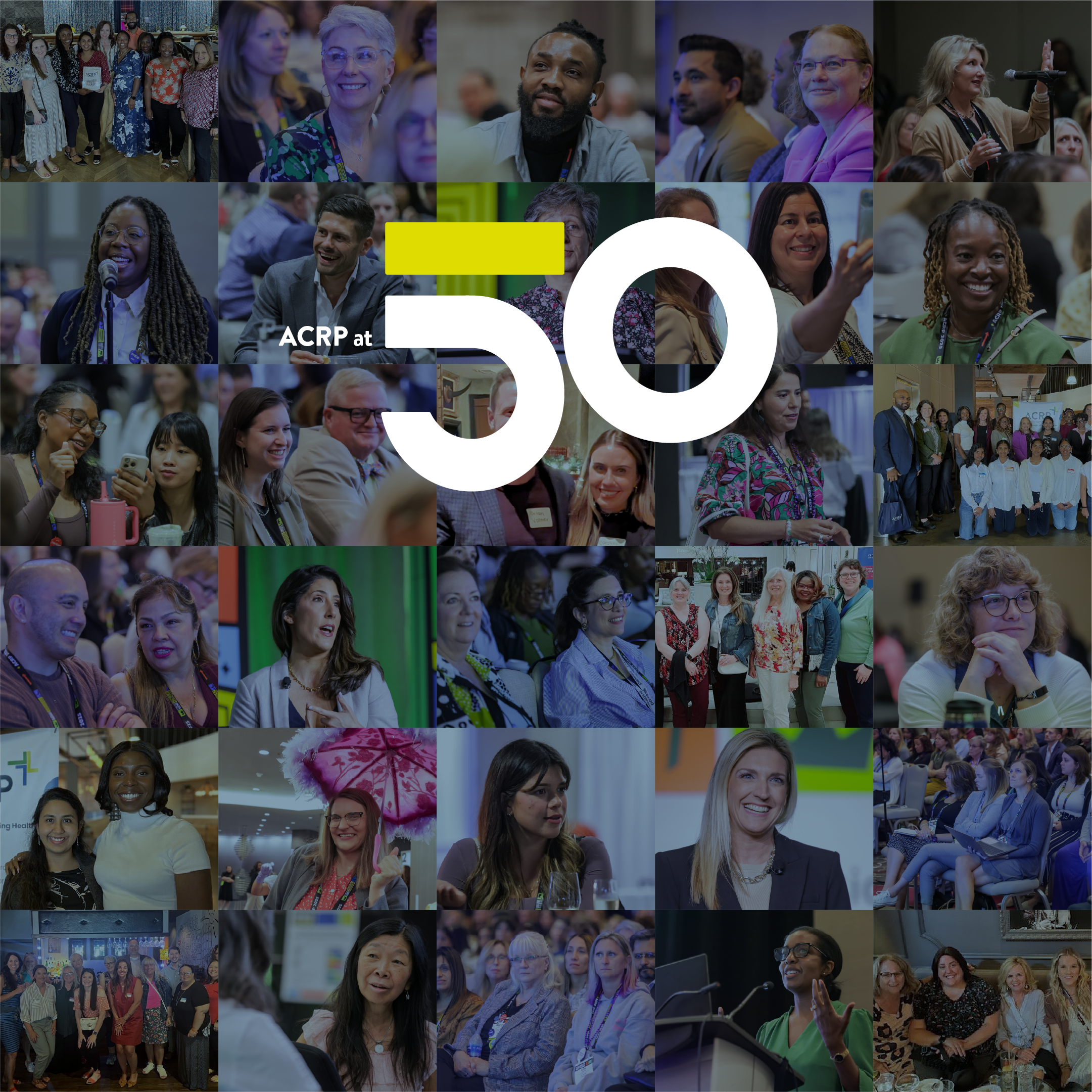 Collage of diverse people attending the Association of Clinical Research Professionals (ACRP) Annual Conference, including speakers, group photos, attendees, and conference activities.