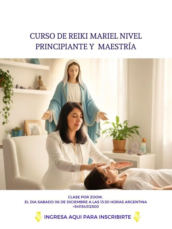 Cartel anunciando un curso de reiki nivel principiante y maestría, con una ilustración de una mujer recibiendo una sesión de reiki en un ambiente tranquilo y bien iluminado.