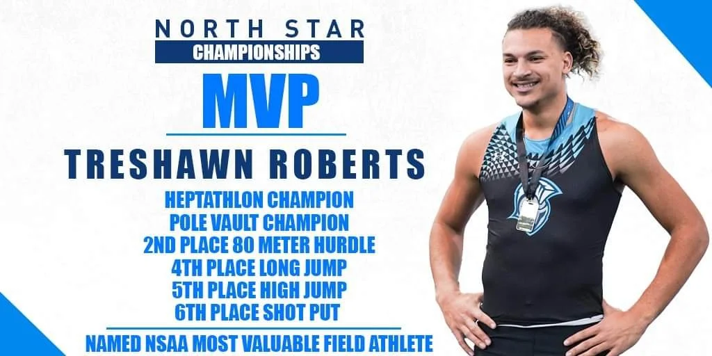 in a sleeveless shirt with medals around his neck, standing with hands on hips, at the North Star Championships, celebrating winning MVP, with text listing his achievements in various track and field events, and being named NSAA Most Valuable Field Athlete.