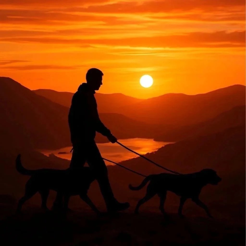 man hiking with dog