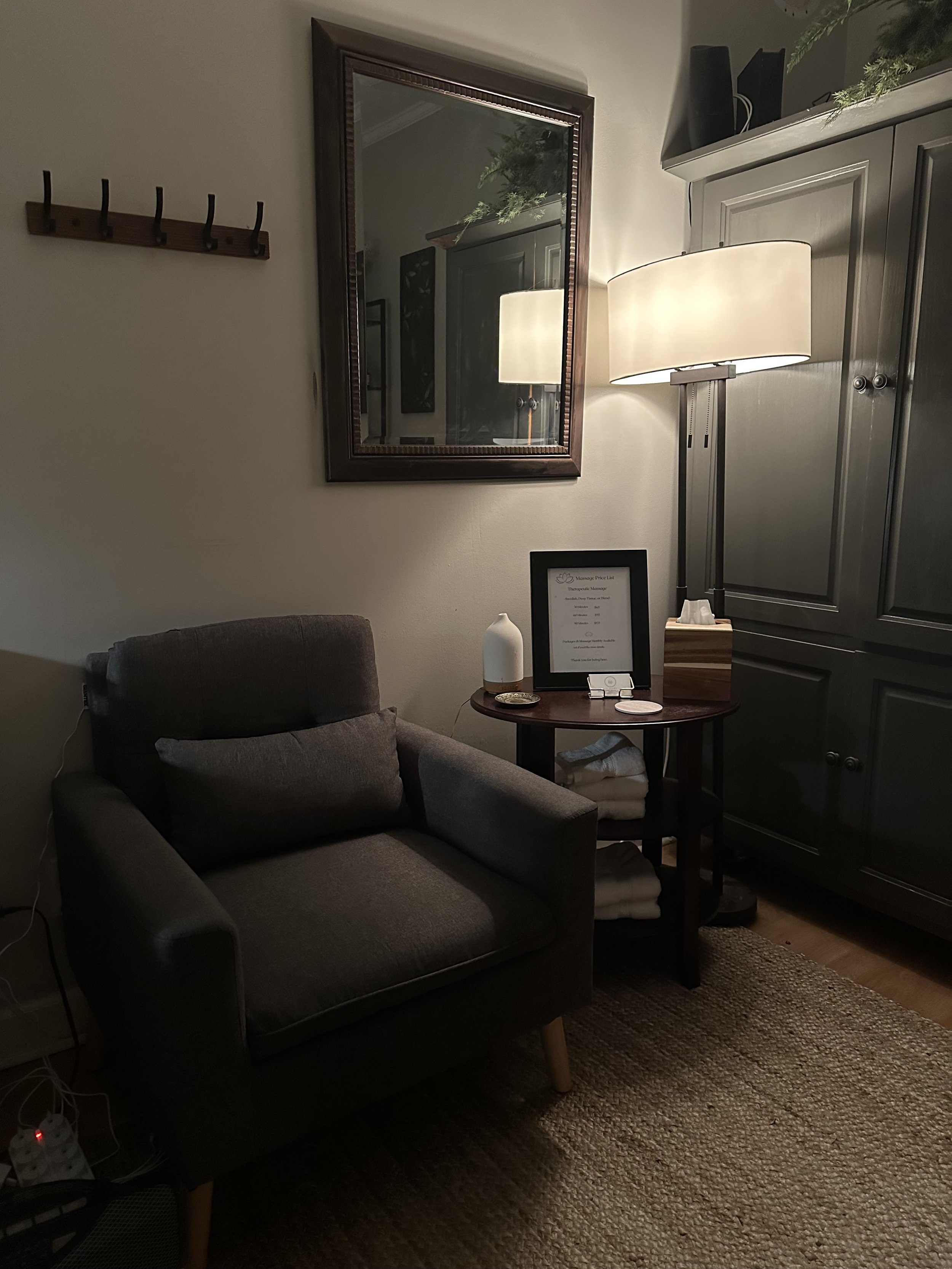 Comfortable intake area at Nichole Honeycutt Massage Therapy, providing welcoming environment for clients in Durham, NC