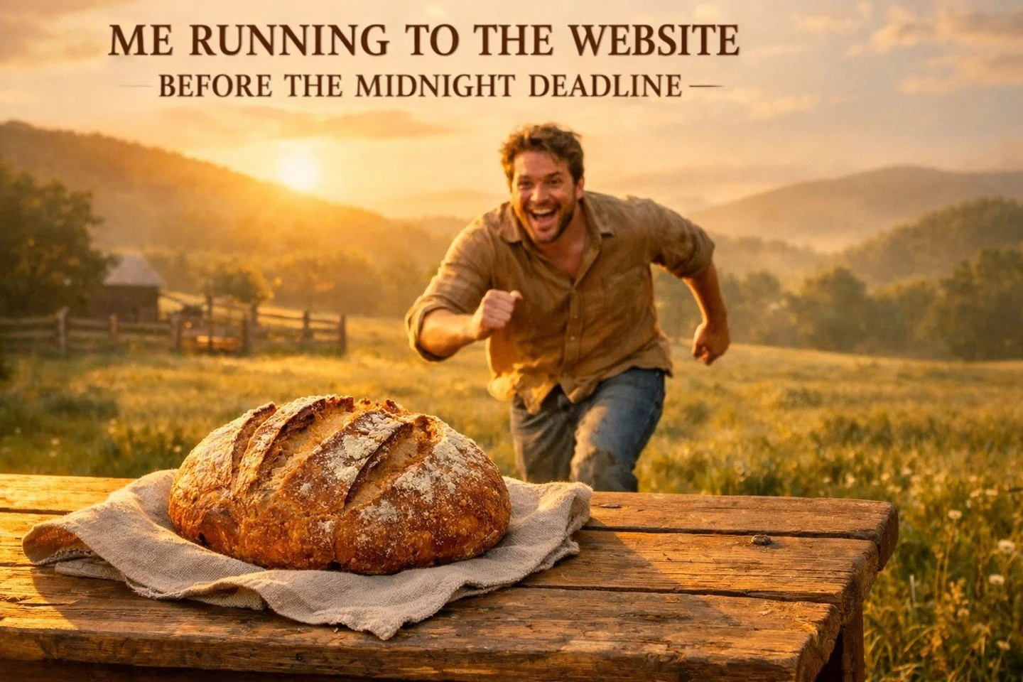 The clock is ticking! 🕛 Tonight at midnight, the window for Saturday's sourdough baking is officially closed. 🥖✨ 

We&rsquo;re baking 12 loaves Sunday morning and available for pickup here at the farm in the evening or the following week. If you&rs