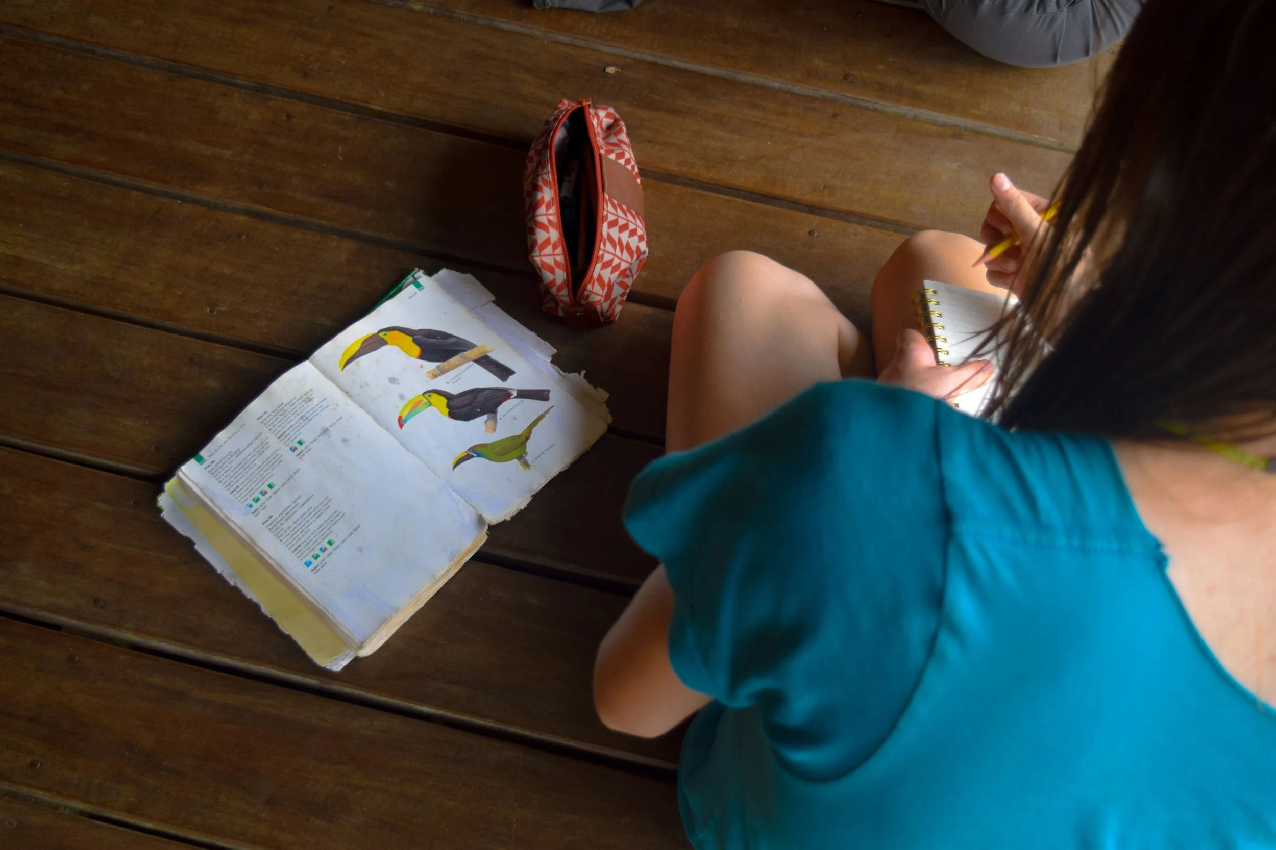 A girl sitting on a wooden floor, taking notes in a notebook, with a book open to pictures of toucans and a red patterned pencil pouch nearby.