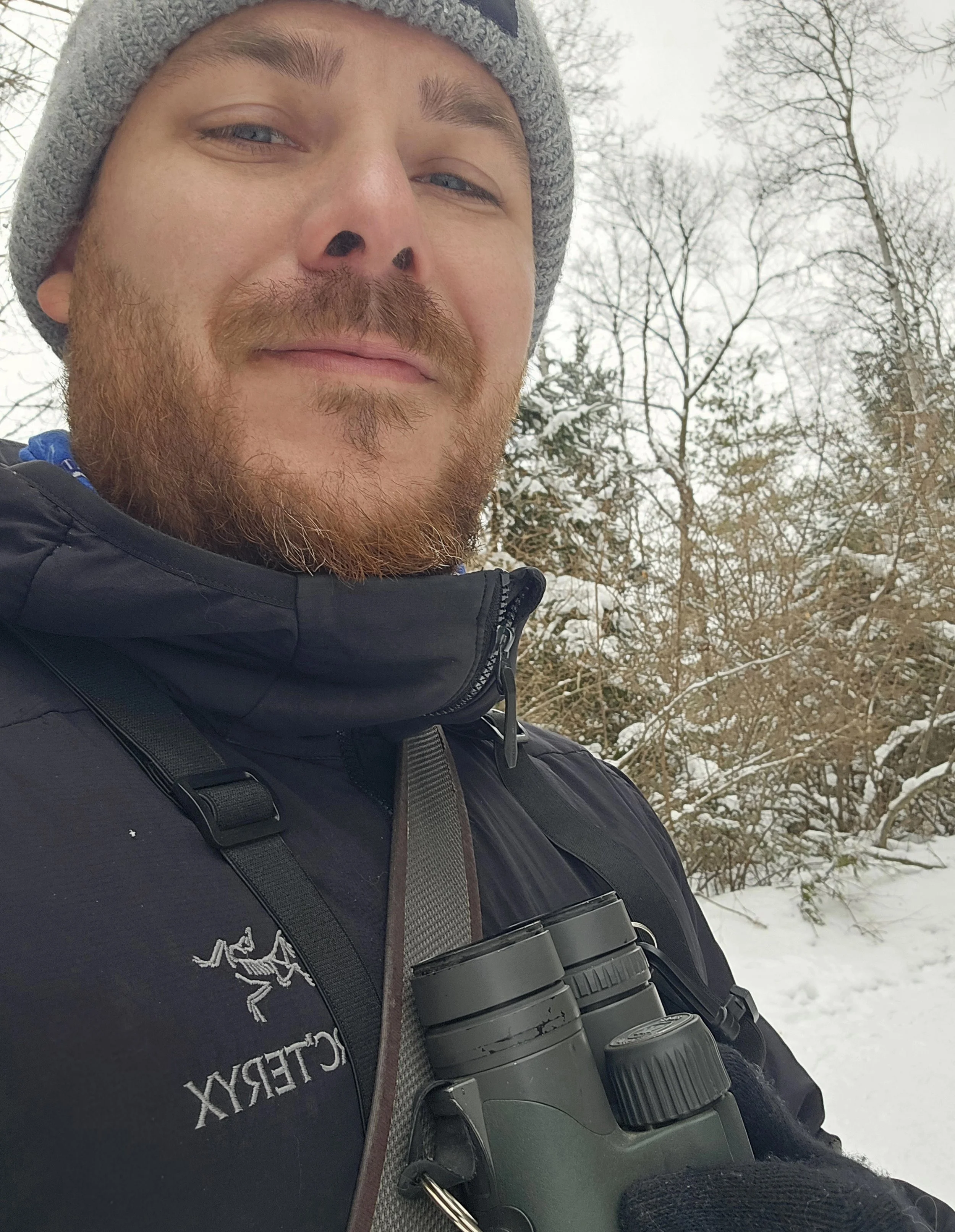 A man with a beard and a black hat with sunglasses, wearing a black jacket, is outdoors in a wooded area with fallen autumn leaves. A black and white woodpecker is perched on his right shoulder.