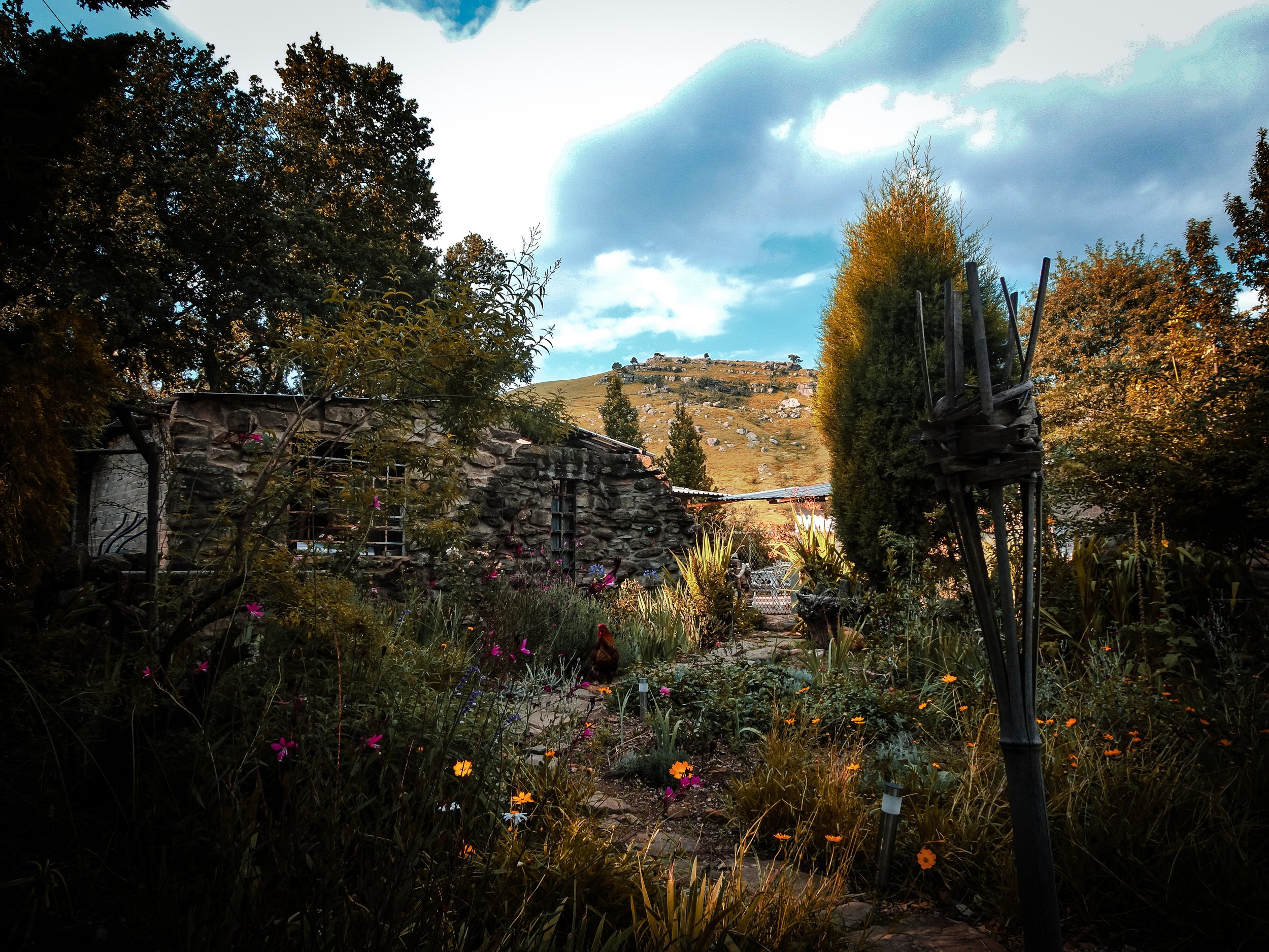 A rustic stone house surrounded by a lush garden with colorful flowers, trees, and a mountain in the background under a partly cloudy sky.