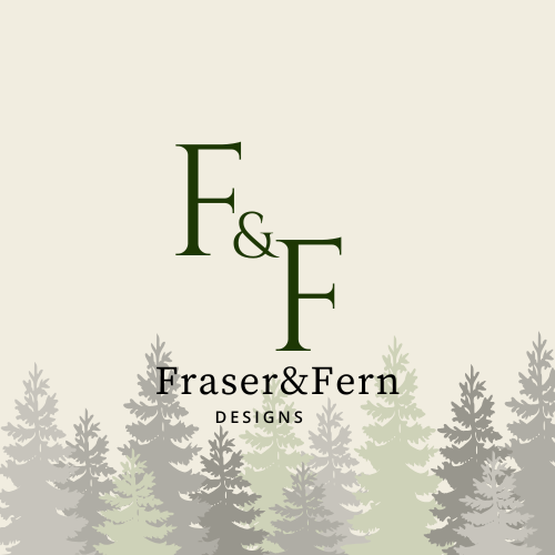 Logo for Fraser & Fern Designs with green 'F' and '&' and 'F' letters, and a background of pine trees in shades of gray and green.