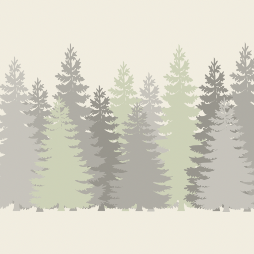 A pattern of variously shaded pine trees in muted green, gray, and dark green colors.