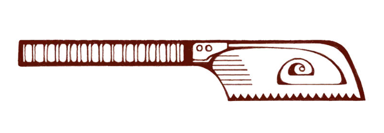 A red hand saw with a serrated blade and a handle featuring cut-out design.