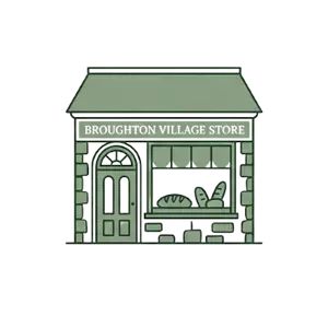 Illustration of a small village store with a green facade, a door with a rounded top, and a large window displaying furniture inside, labeled 'Broughton Village Store'.
