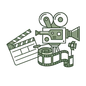 A collection of film production equipment including a clapperboard, film reel, and movie camera.