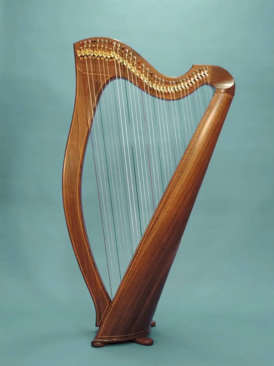 A wooden harp with a curved frame and multiple strings against a teal background.