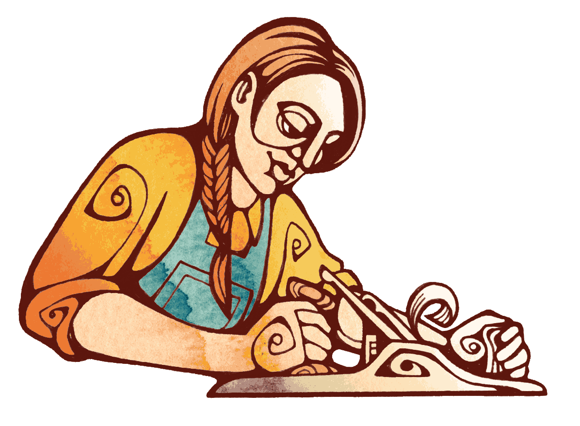 Illustration of a woman with long braided hair using a hand plane.