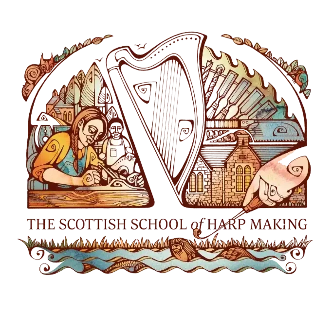 Illustration of a girl making a harp surrounded by buildings, trees, and water, with text that reads 'The Scottish School of Harp Making.'