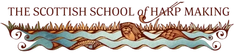 Banner with text "THE SCOTTISH SCHOOL of HARP MAKING" over stylised waves and a lion head.