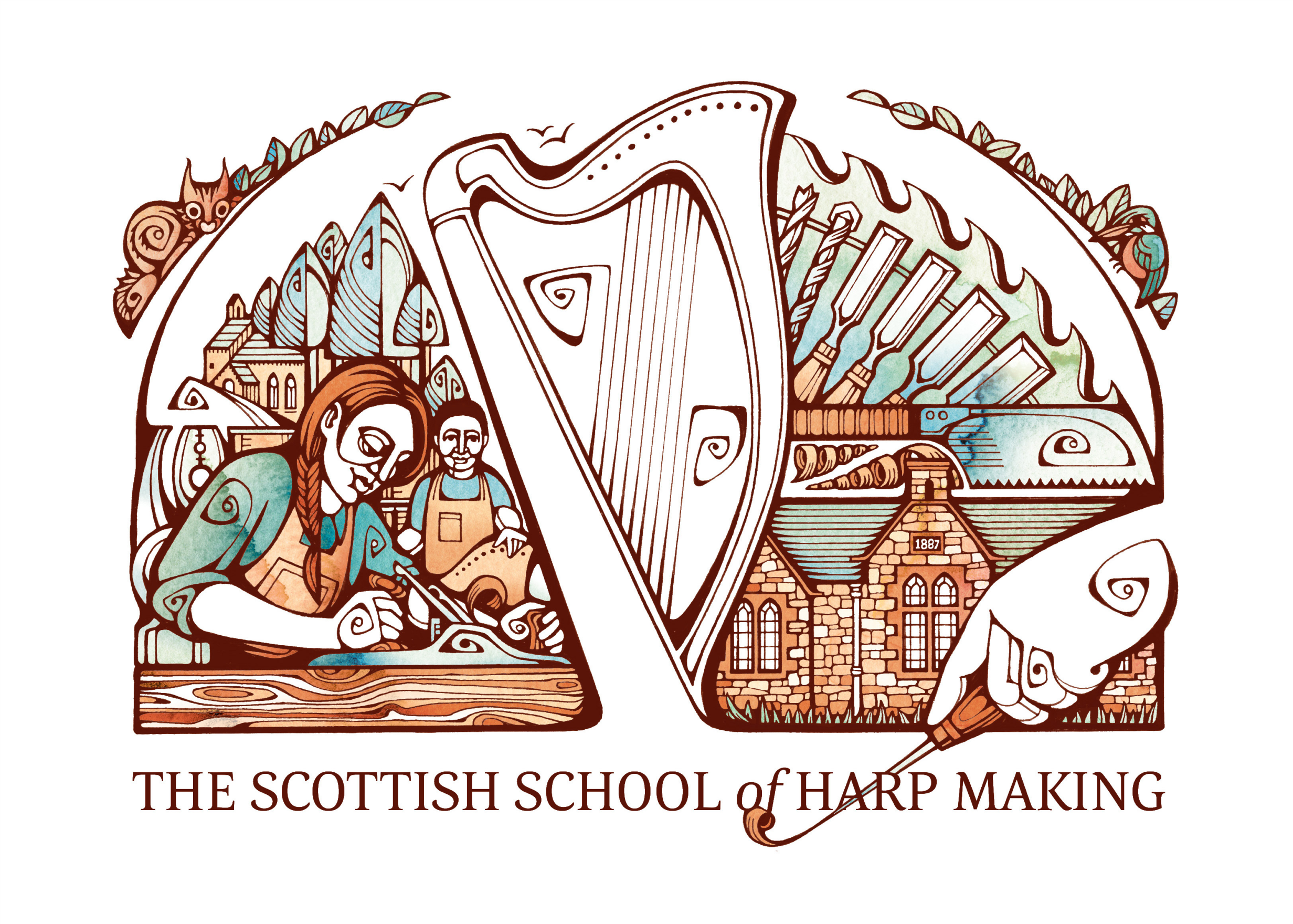 A detailed illustration of a harp with various Scottish symbols, including a cat, a church, a man and woman, scrolls, and a building with the date 1887, alongside the text 'The Scottish School of Harp Making'.