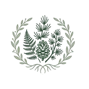 A decorative emblem featuring a symmetrical arrangement of green leaves and plants, with a central arrangement of fern-like leaves, surrounded by a laurel wreath.