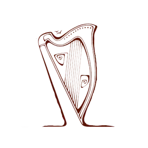 A line drawing of a harp.