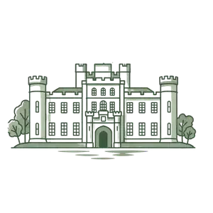 A digital illustration of a castle with towers and a central gate, surrounded by trees.