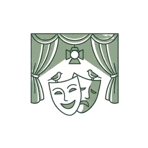 The image features a theatrical stage with curtains, a comedic mask, and a tragic mask hanging in the center, symbolizing theatre and drama.
