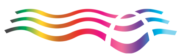 Colorful, abstract curved lines in green, yellow, red, pink, purple, and blue.