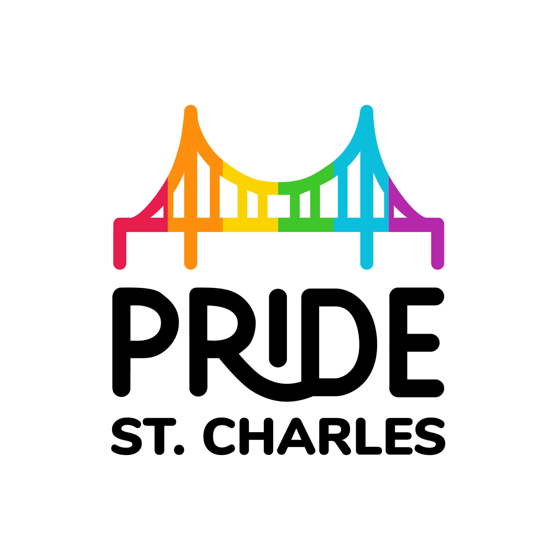 Colorful rainbow-colored bridge above the word PRIDE and the text St. Charles