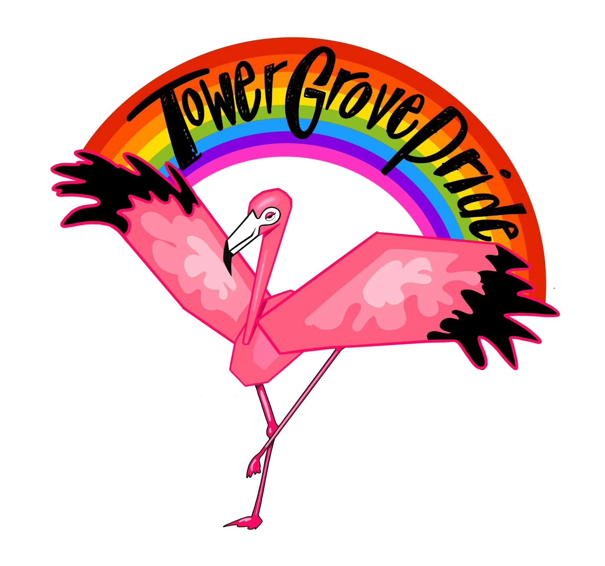 Cartoon pink flamingo with one long leg lifted, set against a rainbow with rainbow-colored text reading 'Tower Grove Pride'.