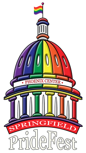 Illustration of a colorful dome-shaped building with rainbow colors, a flag on top, and banners for 'Phoenix Center,' 'Springfield,' and 'PrideFest'.