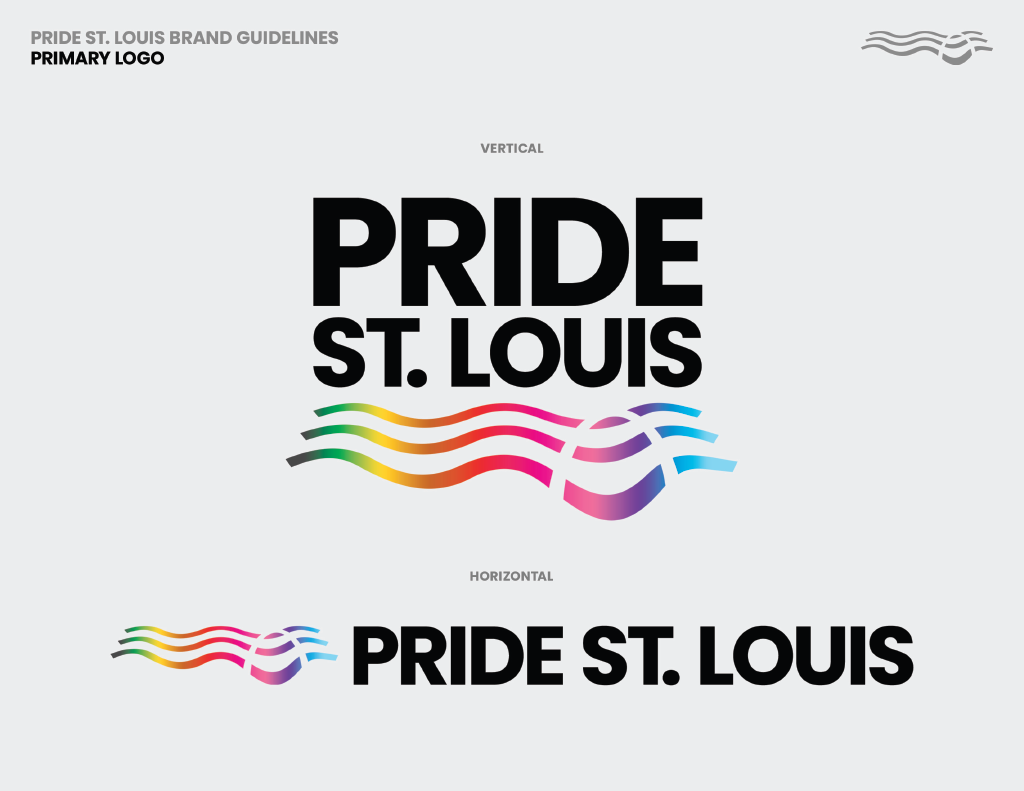 Logo guidelines for Pride St. Louis, featuring a primary logo with multi-colored rainbow wave and a horizontal version of the same wave below, on a light background.