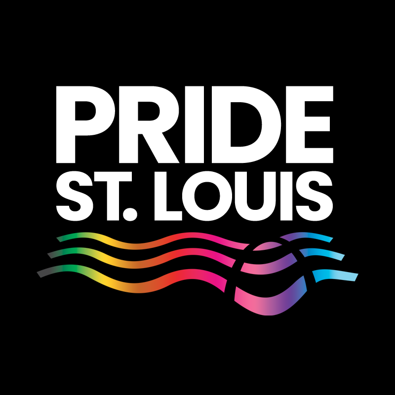 Pride St. Louis logo with multicolored wavy lines on a black background