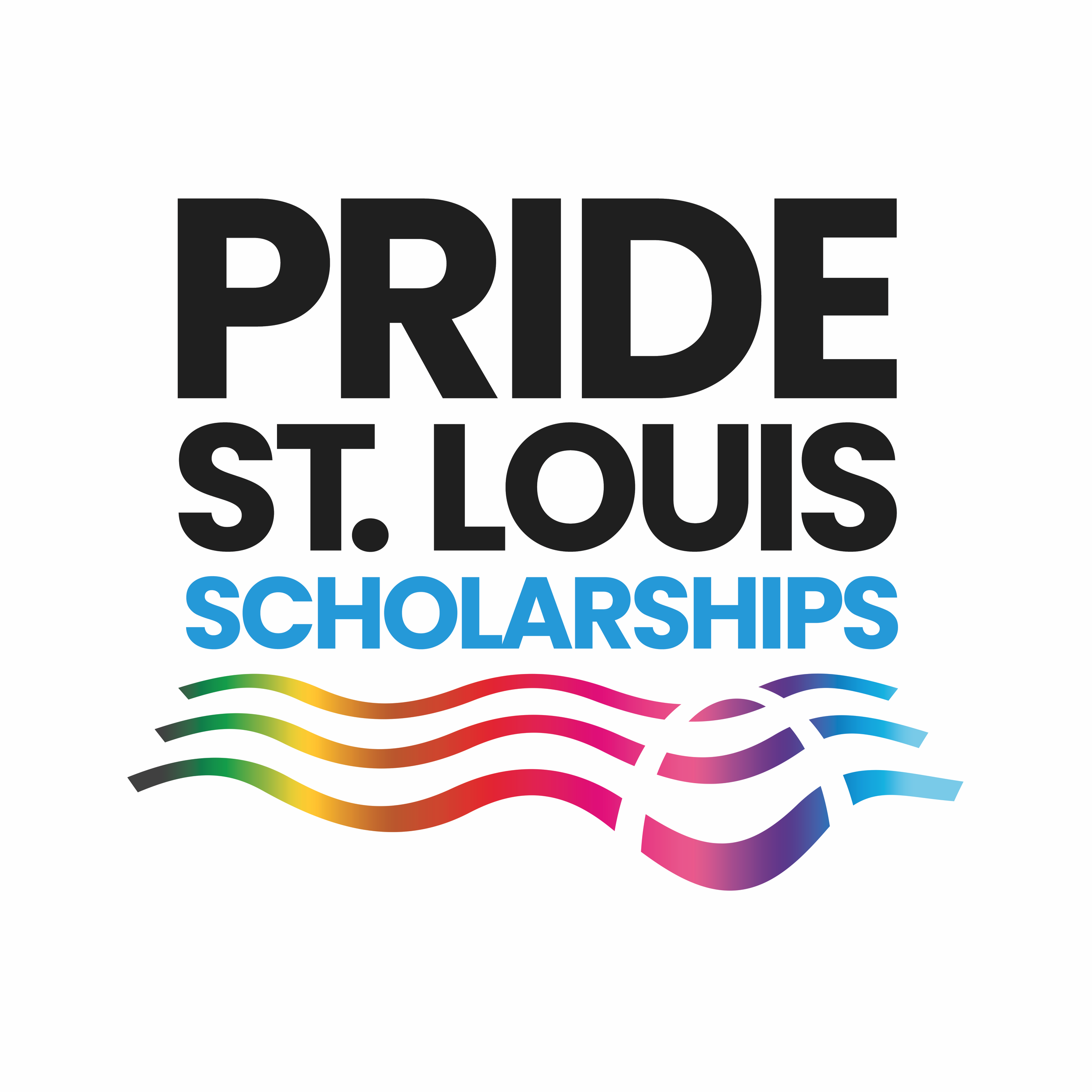 Text reads 'Pride St. Louis Scholarships' with colorful wave design underneath.