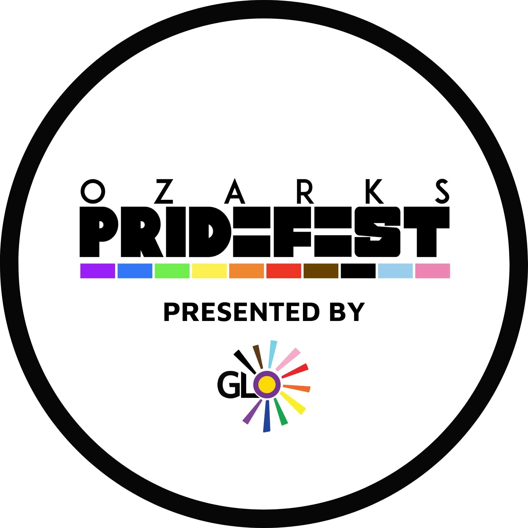 Logo for Ozarks PrideFest presented by GLO, featuring a multicolored rainbow circle and bold black text.