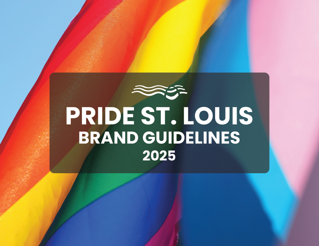 Cover page for Pride St. Louis Brand Guidelines 2025, featuring a rainbow Pride flag in the background.