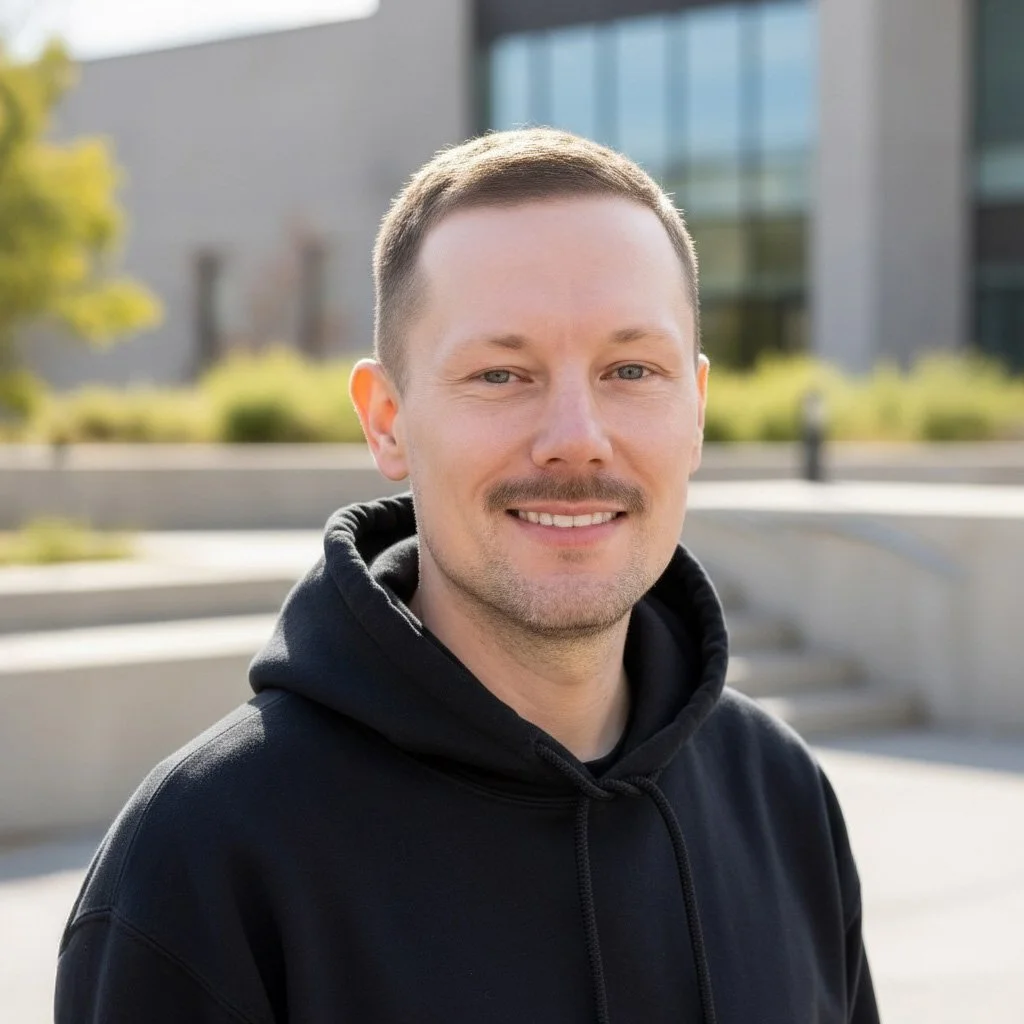 A young man with short brown hair and a light beard, smiling, wearing a black hoodie, standing outdoors with a modern building and trees in the background.