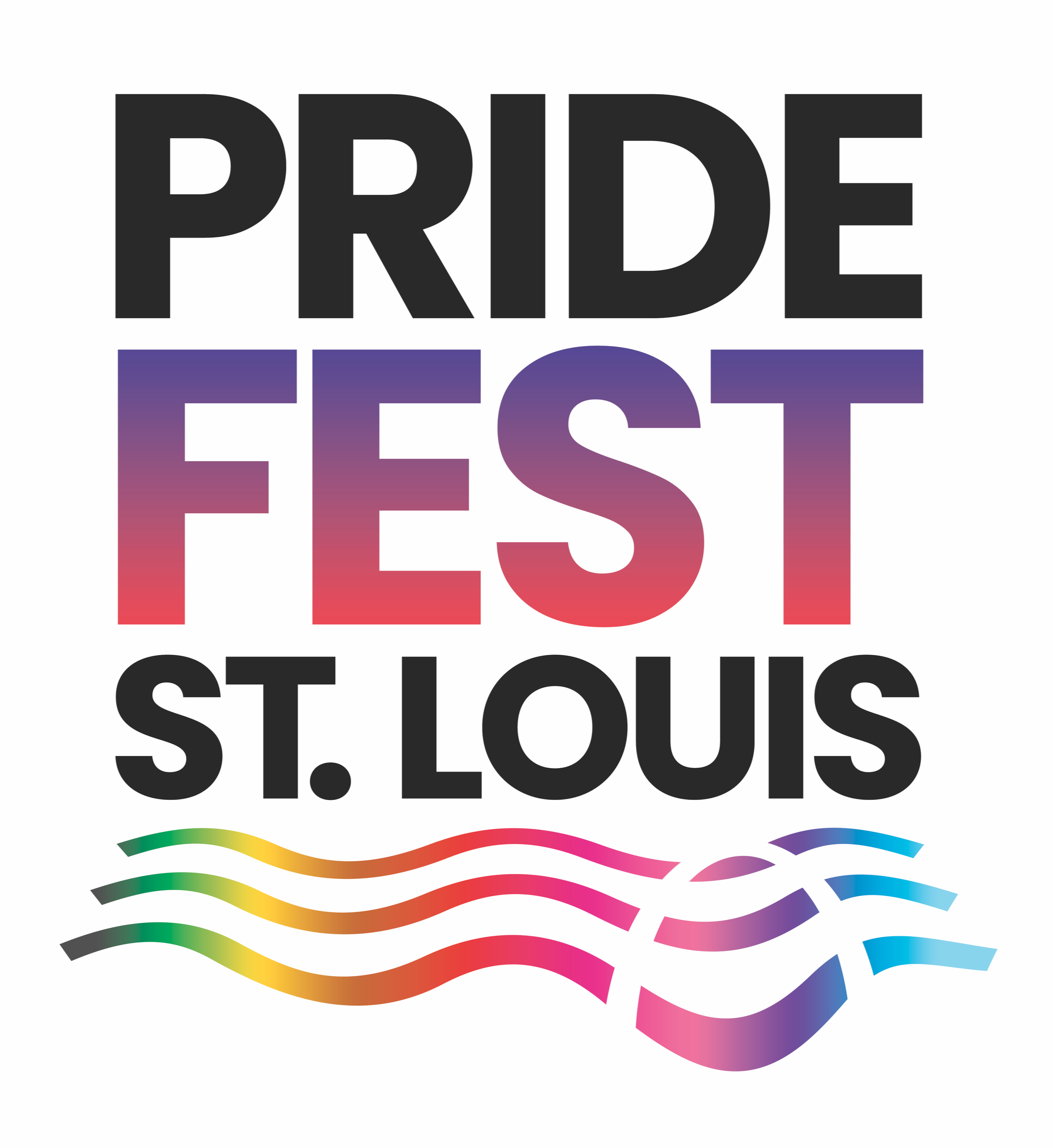 Pride Fest St. Louis logo with multicolored stylized waves at the bottom.