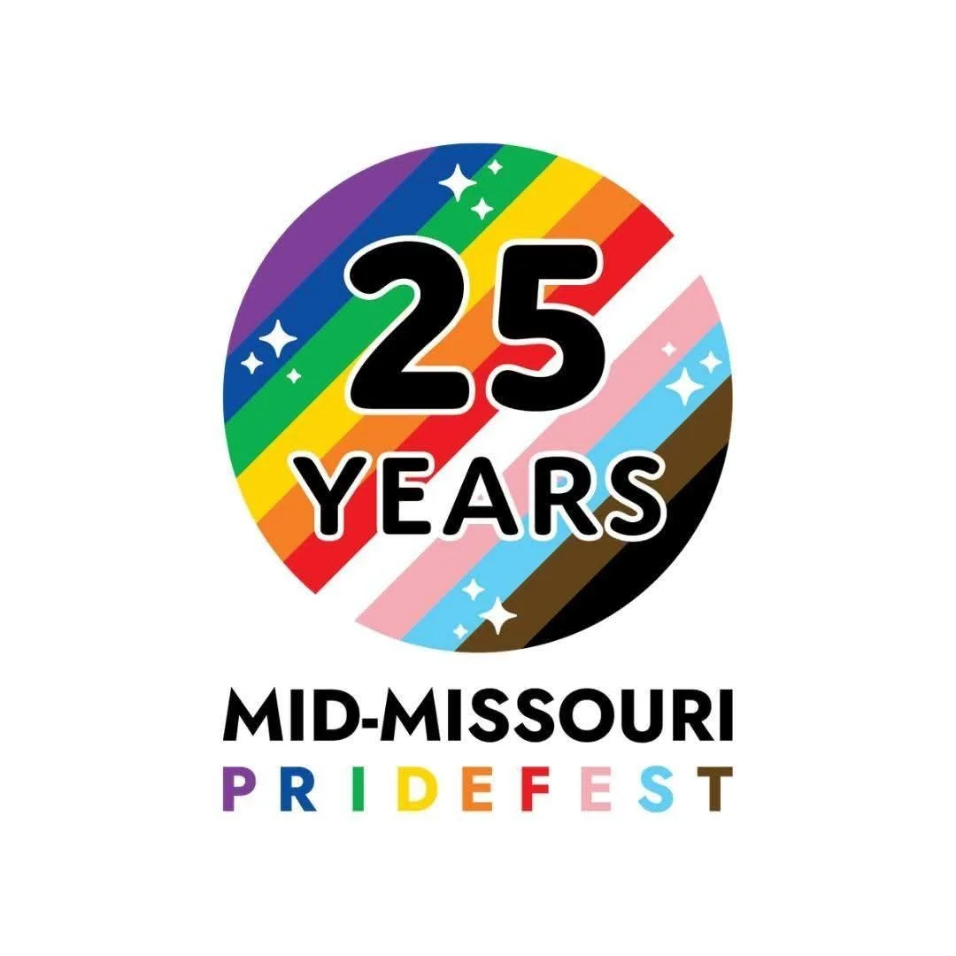 A circular logo celebrating 25 years of Mid-Missouri PrideFest, featuring a rainbow striped background with sparkles and the event name in black and rainbow-colored text.
