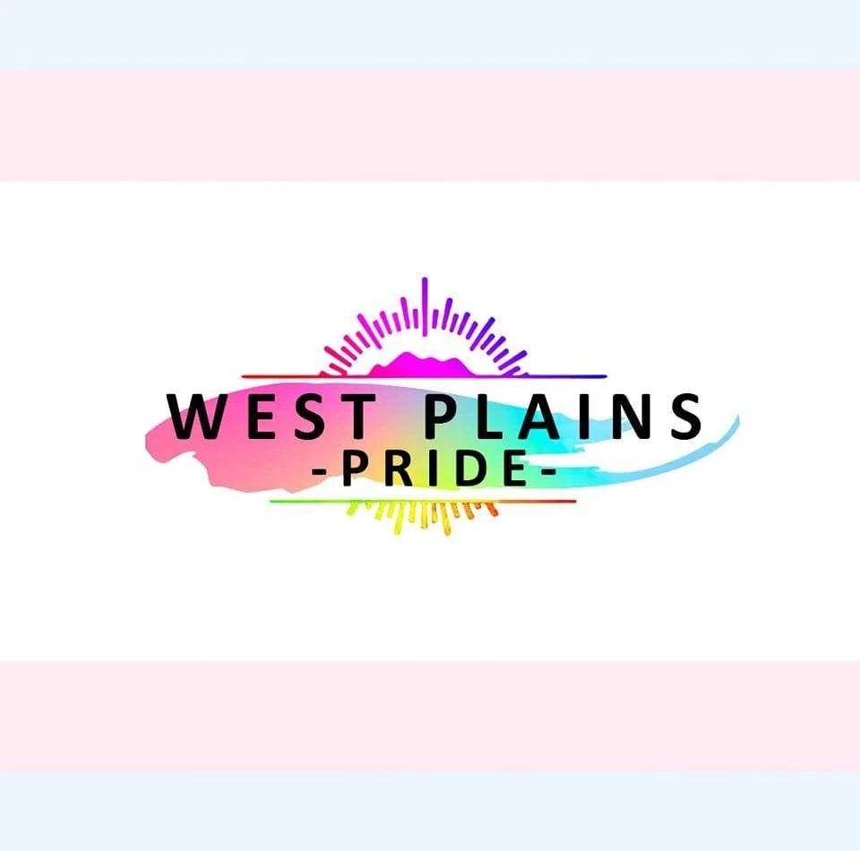 Colorful logo with the words 'West Plains Pride' over a rainbow-colored abstract background.