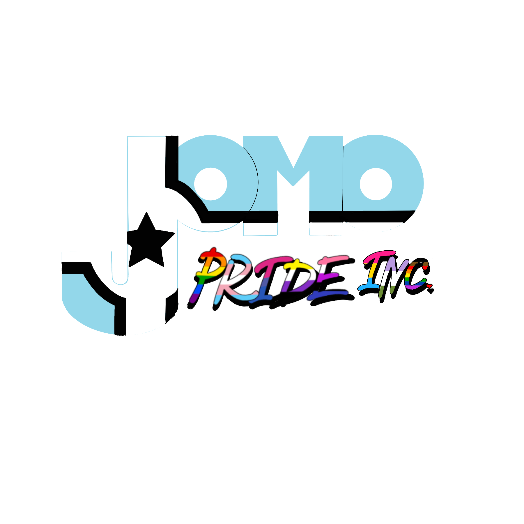Colorful text reading 'PRIDE INC.' with rainbow-colored font, alongside the word 'LOVE' in large 3D blue and black text, decorated with a black star.