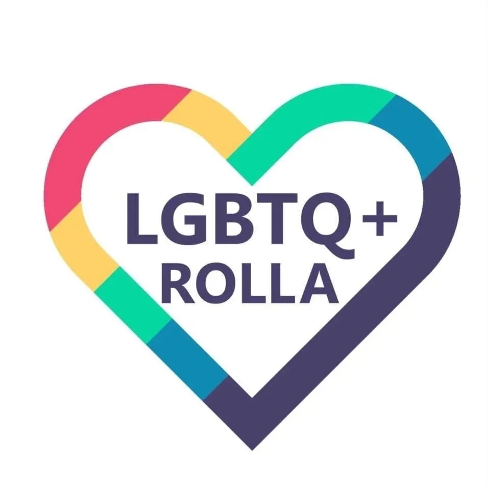 A heart outline with rainbow colors and the words "LGBTQ+ ROLLA" inside.