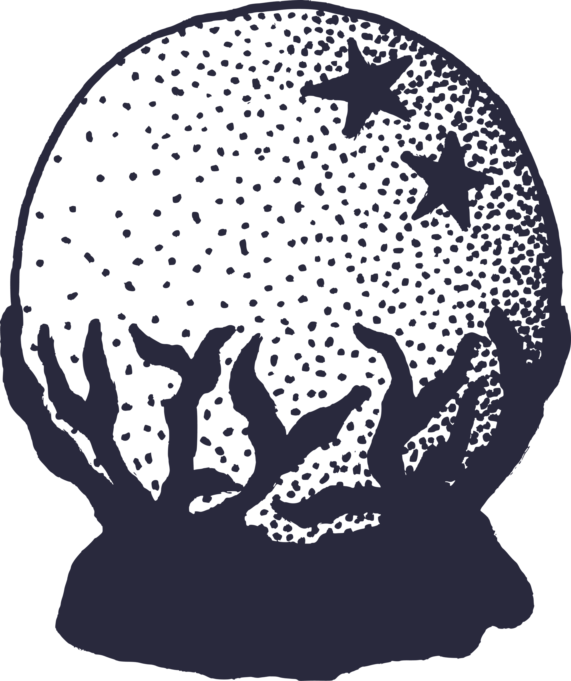 Illustration of a crystal ball representing astrology and tarot. There are vines on the bottom of the ball holding it up, and the ball itself is speckled, and there are two stars in the right corner.