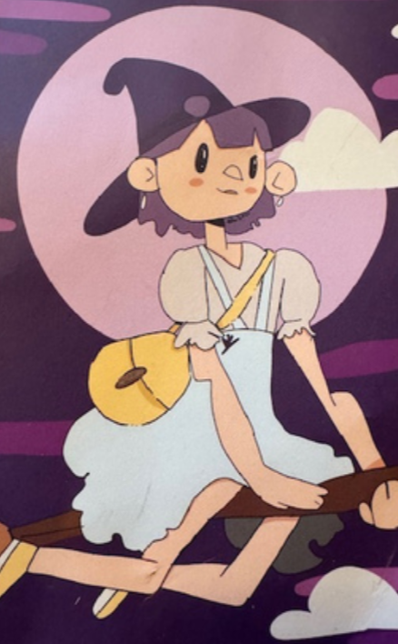 Hand-drawn photo of a young girl riding on a broomstick, created by the owner's daughter for her business. The girl has a purple witch hat and a moon behind her, is wearing a light blue dress, and has a yellow bag on.