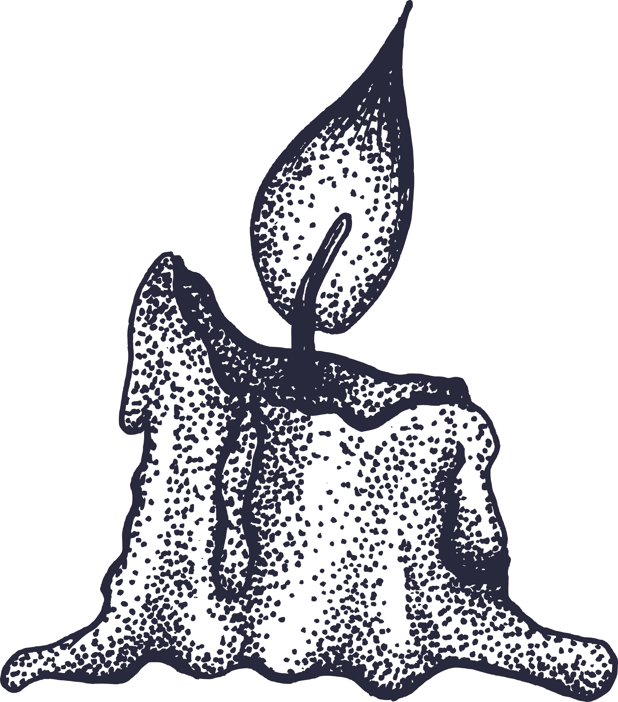 Illustration of a melted candle. The bottom has wavy melting wax and is speckled, with a large wick and flame above it.