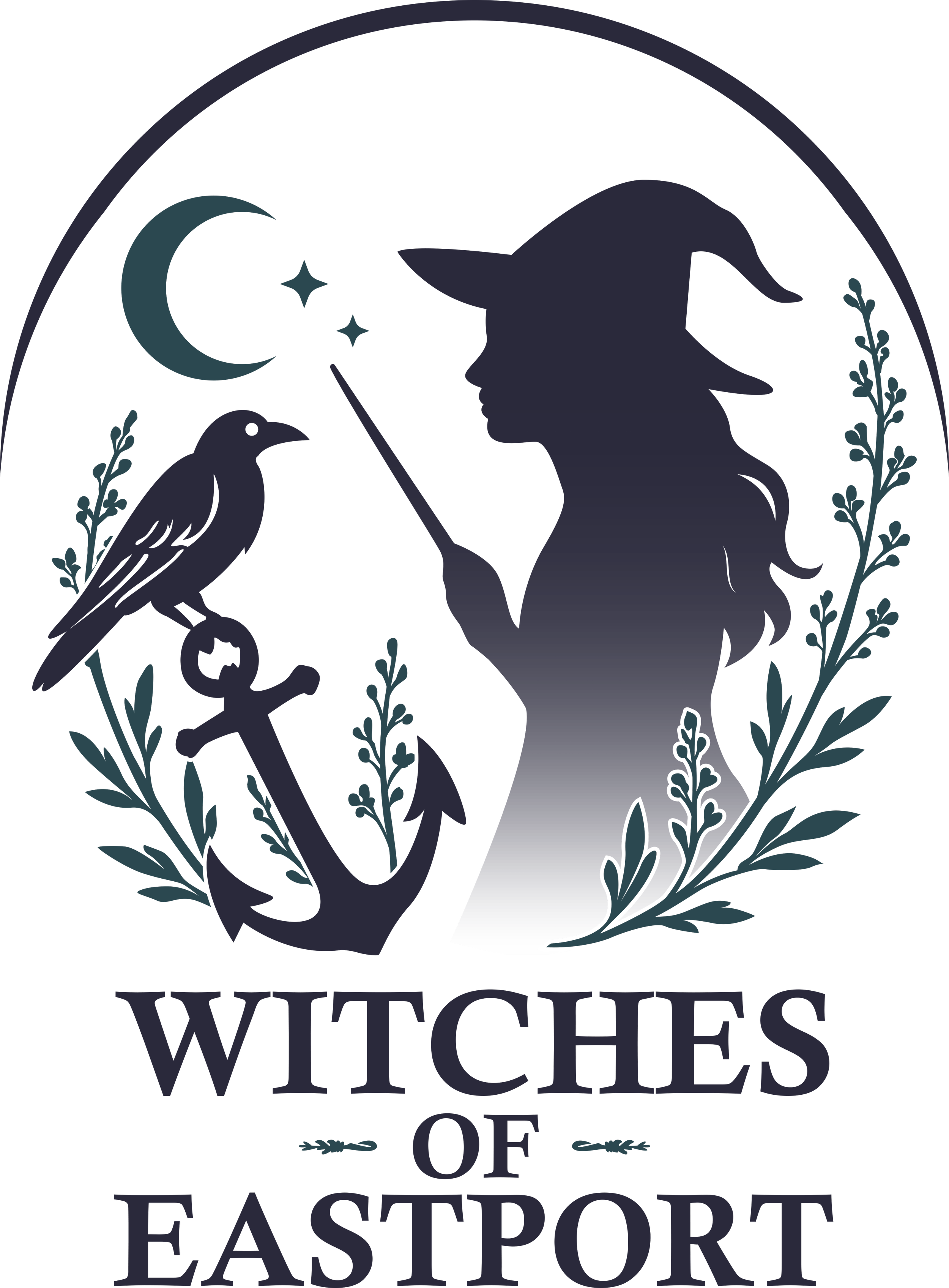 Witches of Eastport's main circular logo, which includes a gradient outline of a witch with long hair holding a wand. To the left of her is a crescent moon, two stars, and a raven perched on an anchor, with two branches on either side.