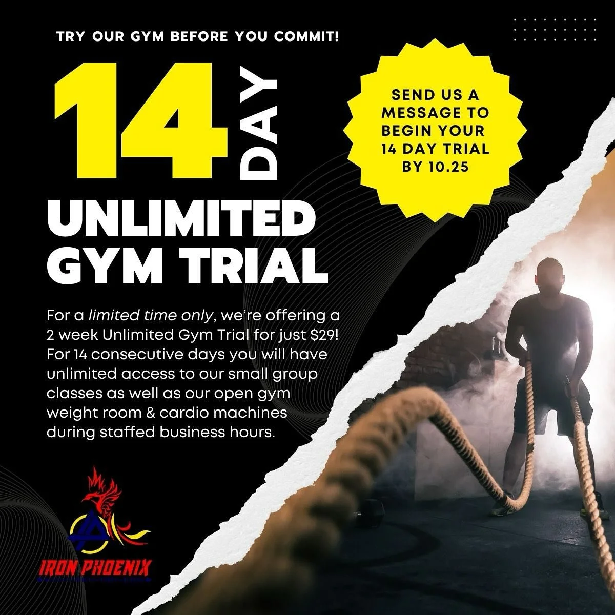 Why push off getting results for the new year? 
For 2 weeks, you have unlimited access to our small group classes &amp; access to our open gym weight room &amp; cardio equipment during staffed business hours. Your only limit is showing up&hellip;and 